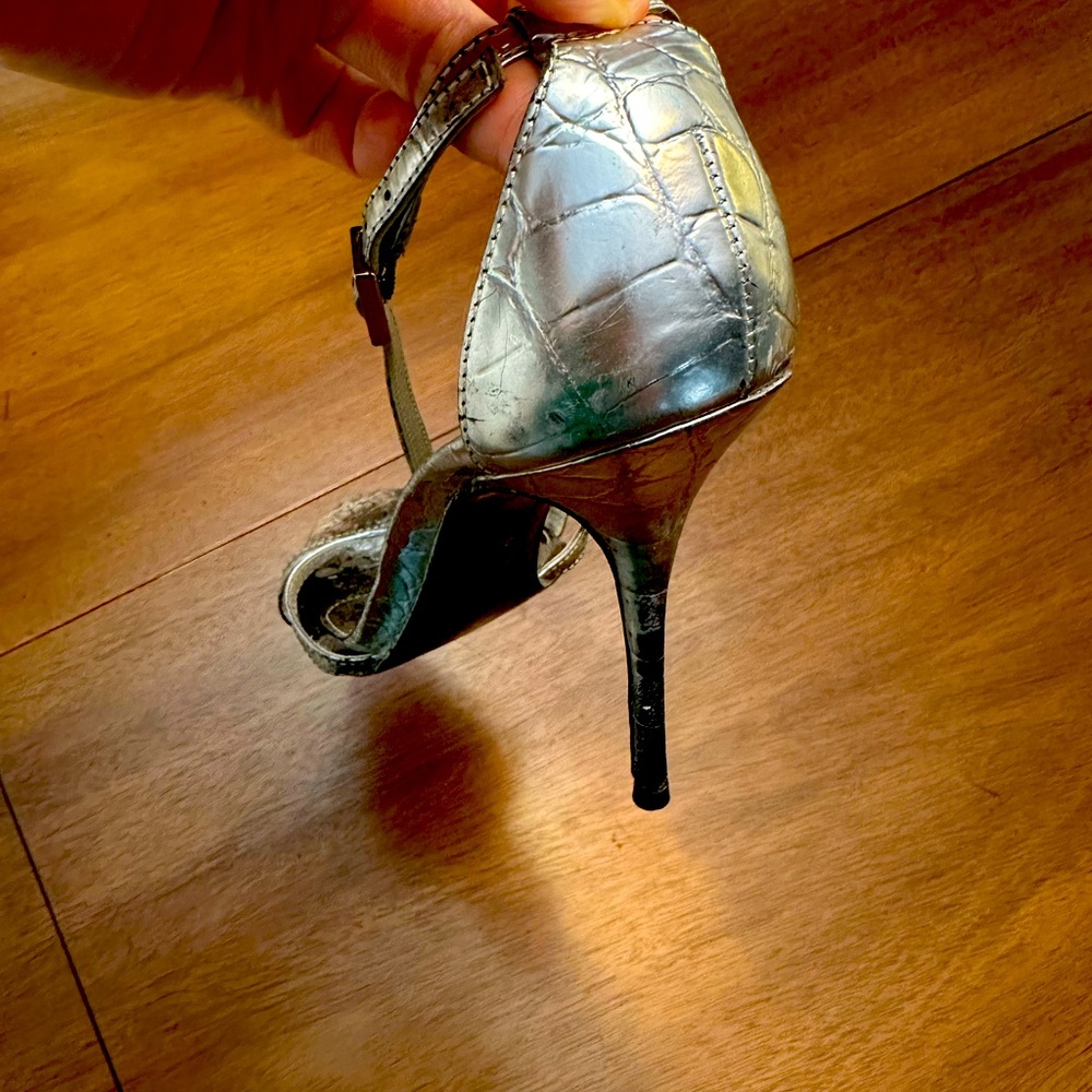 Cutest, Silver, Stiletto Heels. Black stains. Worn. Open toe. Karen Millen